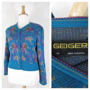 Vintage Geiger Womens Teal Blue Floral Wool Cardigan Sweater Size 46 US XL